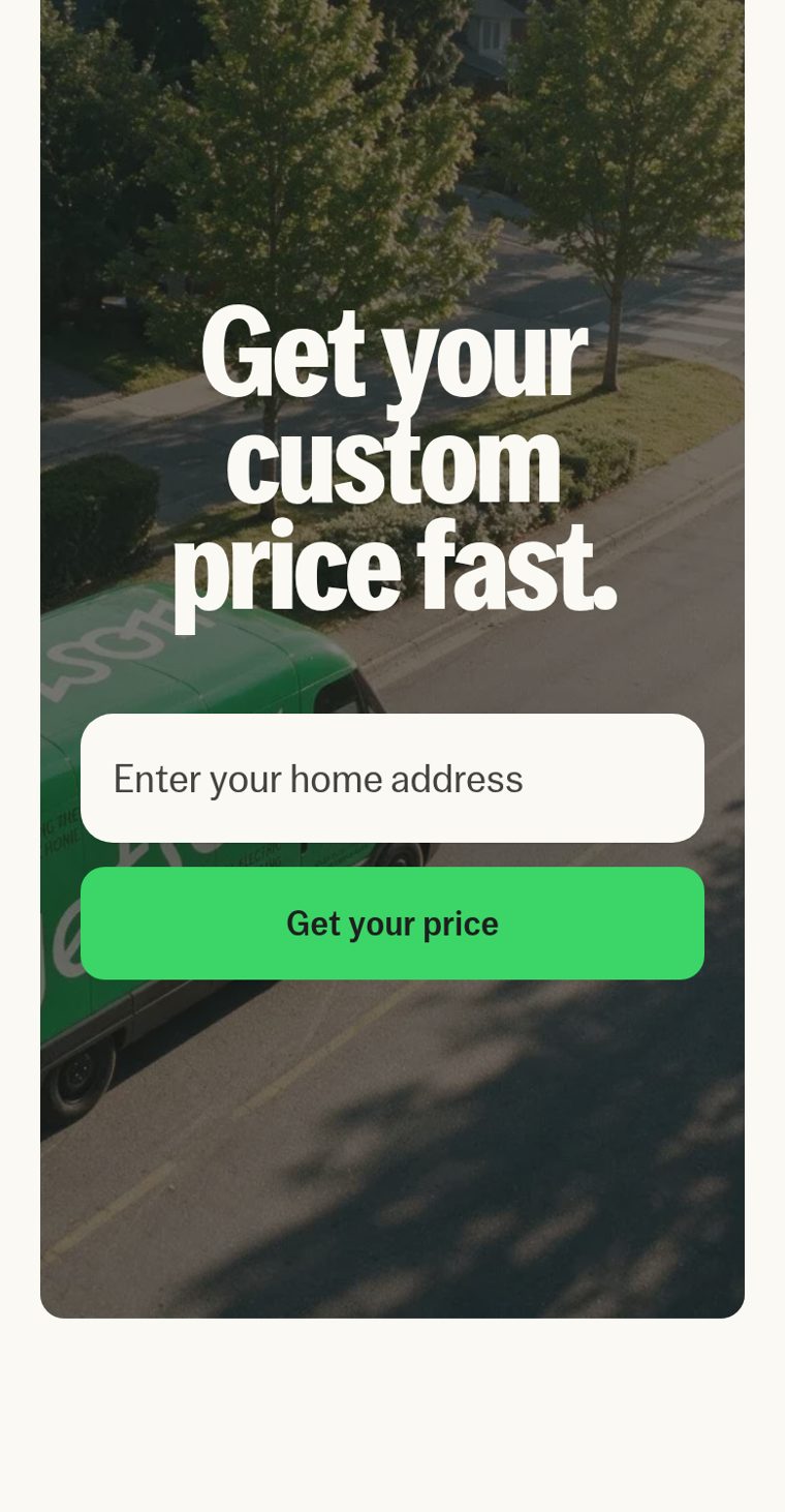 Jetson homepage closing card: 'Get your custom price fast.' over a green Jetson van on a street, an 'Enter your home address' field and a green 'Get your price' button.