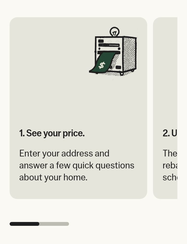 Jetson homepage card '1. See your price. Enter your address and answer a few quick questions about your home', with the edge of the next card '2. Upload a few photos'.