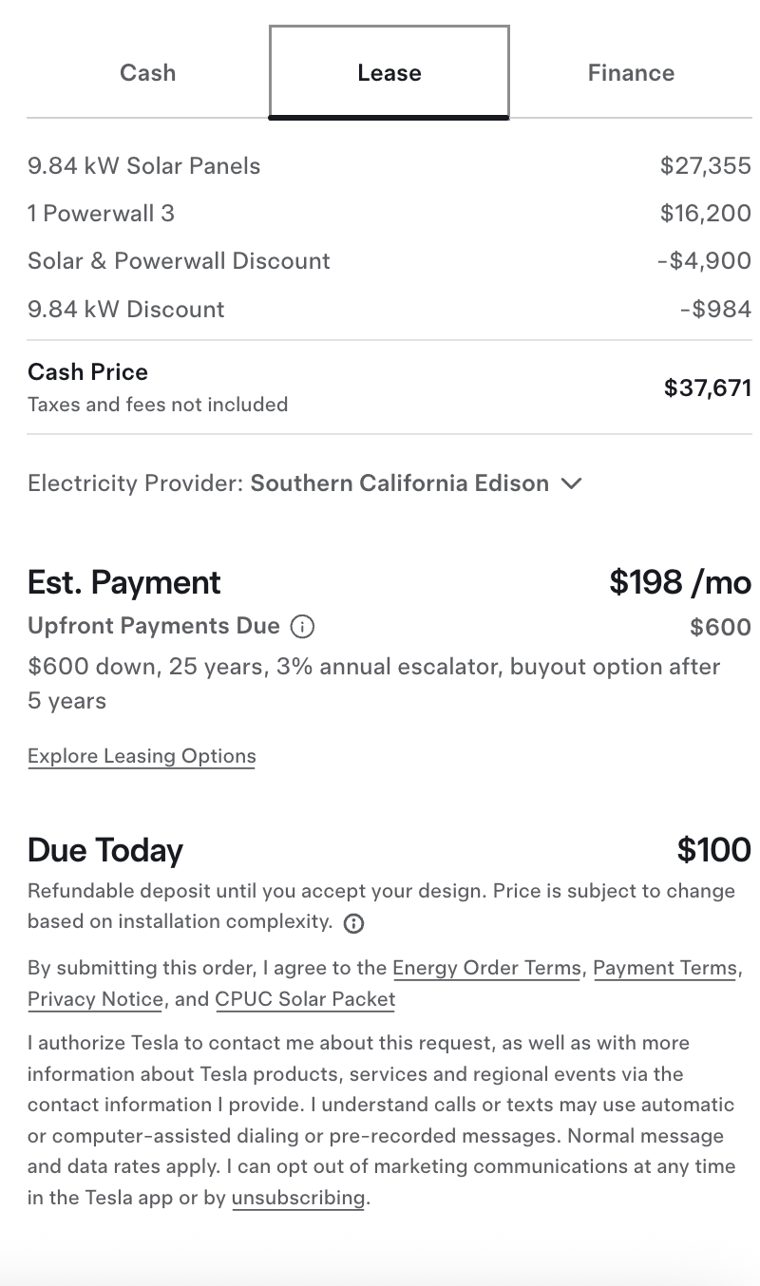 Tesla Energy price breakdown: solar panels and Powerwall line items, two discount lines in negative, Cash Price $37,671 'Taxes and fees not included', Electricity Provider, Est. Payment $198/mo with its terms line, and Due Today $100 'Refundable deposit until you accept your design'.