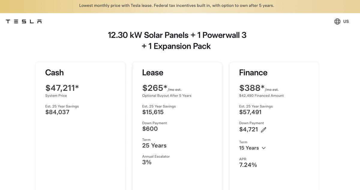 Tesla 'Compare Payment Types' with three columns: Cash $47,211 system price, Lease $265/mo with an optional buyout after five years, Finance $388/mo on $42,490 financed with an editable down payment, a term dropdown and 7.24% APR; each column shows its own 25-year savings.