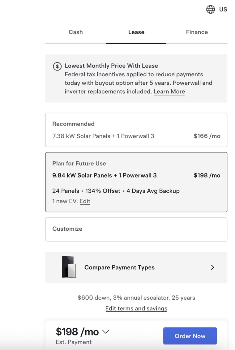 Tesla Energy right rail: Cash, Lease and Finance tabs, a Recommended card at $166/mo, a Plan for Future Use card at $198/mo with '1 new EV. Edit', Customize, Compare Payment Types and a sticky bar reading $198/mo Est. Payment with an Order Now button.