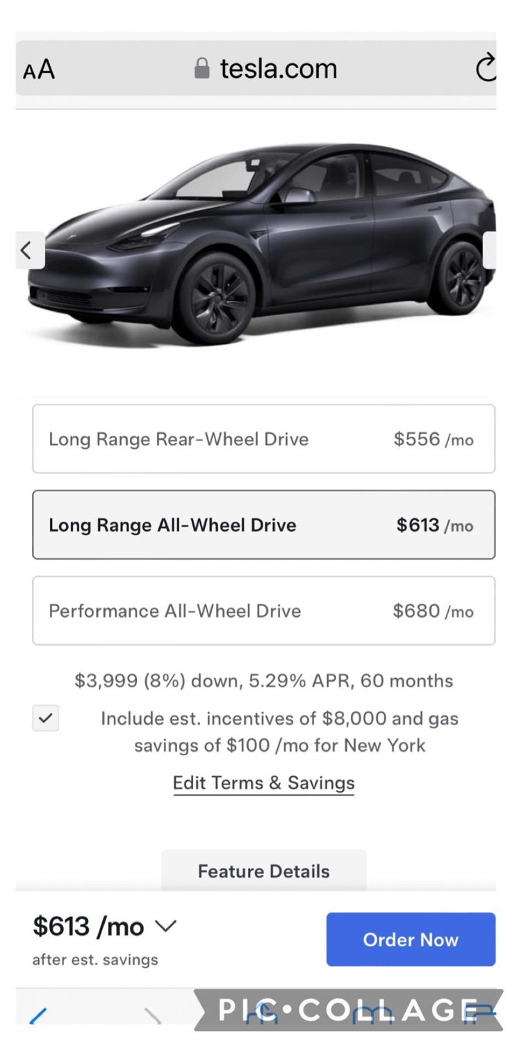 Tesla Model Y configurator on a phone: three trim cards priced per month, the terms line '$3,999 (8%) down, 5.29% APR, 60 months', a checked box 'Include est. incentives of $8,000 and gas savings of $100/mo for New York', and the sticky bar '$613/mo after est. savings' with Order Now.