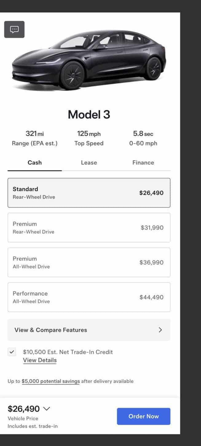Tesla Model 3 configurator rail with a checked row '$10,500 Est. Net Trade-In Credit, View Details' under the trim cards and the sticky bar reading '$26,490 Vehicle Price, Includes est. trade-in' with Order Now.