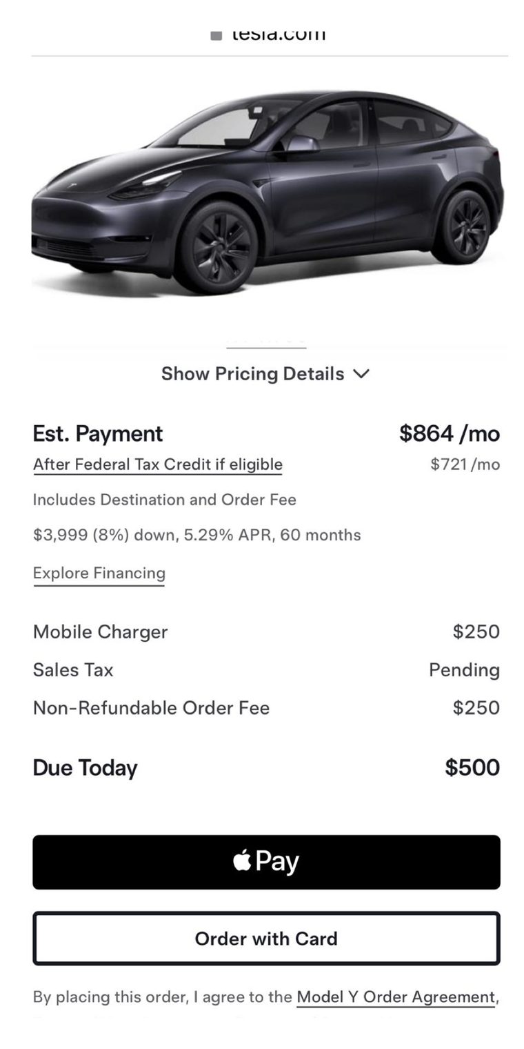 Tesla Model Y order summary on a phone: Est. Payment $864/mo, 'After Federal Tax Credit if eligible $721/mo', the terms line, Mobile Charger $250, Sales Tax Pending, Non-Refundable Order Fee $250, Due Today $500, an Apple Pay button and an 'Order with Card' button.